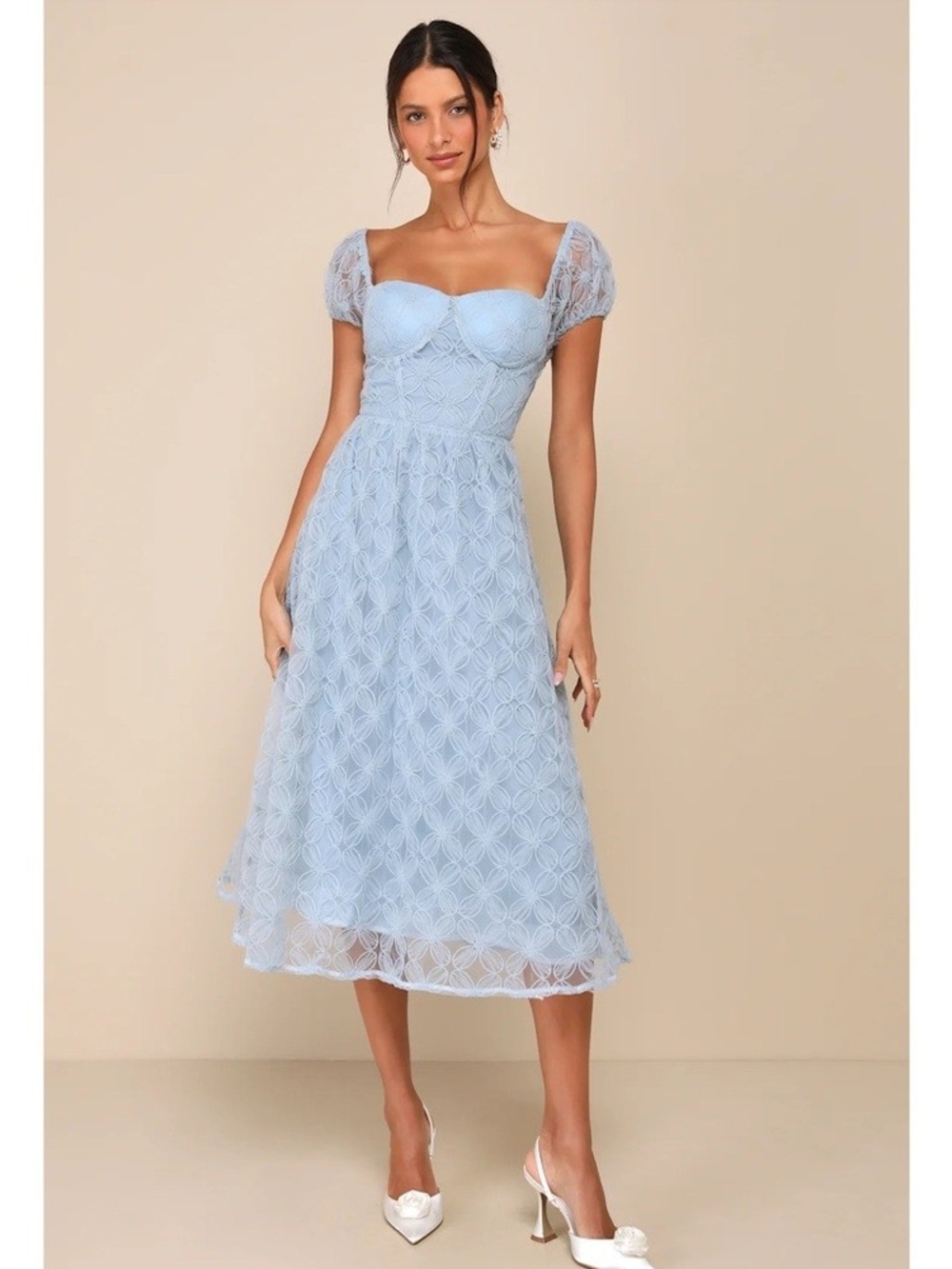 NWT Lulus Light Blue Lace Midi Dress with Puff Sleeves, Size Med